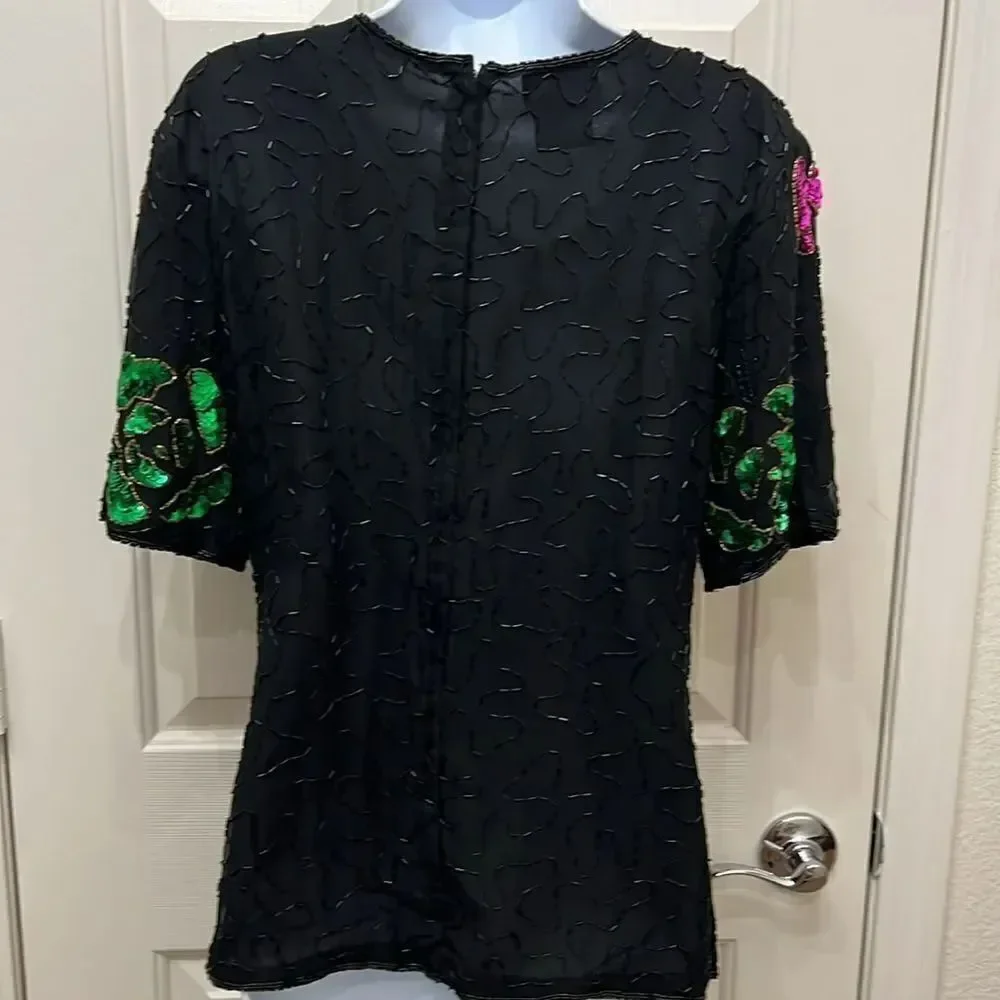 Vintage Stenay Womens Top Sz M Short Sleeve Sequin Beaded Scoop Neck Formal